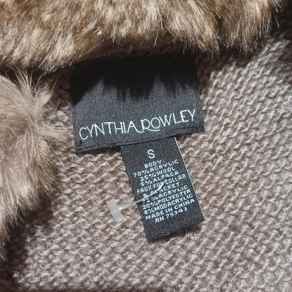 CYNTHIA ROWLEY Fur Trim Wool Blend Long Cardigan Knit Sweater - Picture 2 of 4